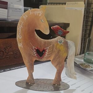 Sundance Brown Horse Sculpture with Red Heart and Teal Bird